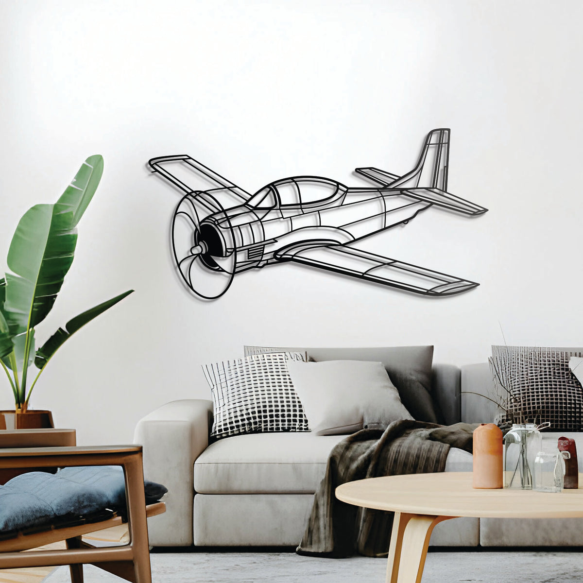 T-28 Trojan angle-view metal wall décor – sleek trainer airplane silhouette in textured powder-coated steel