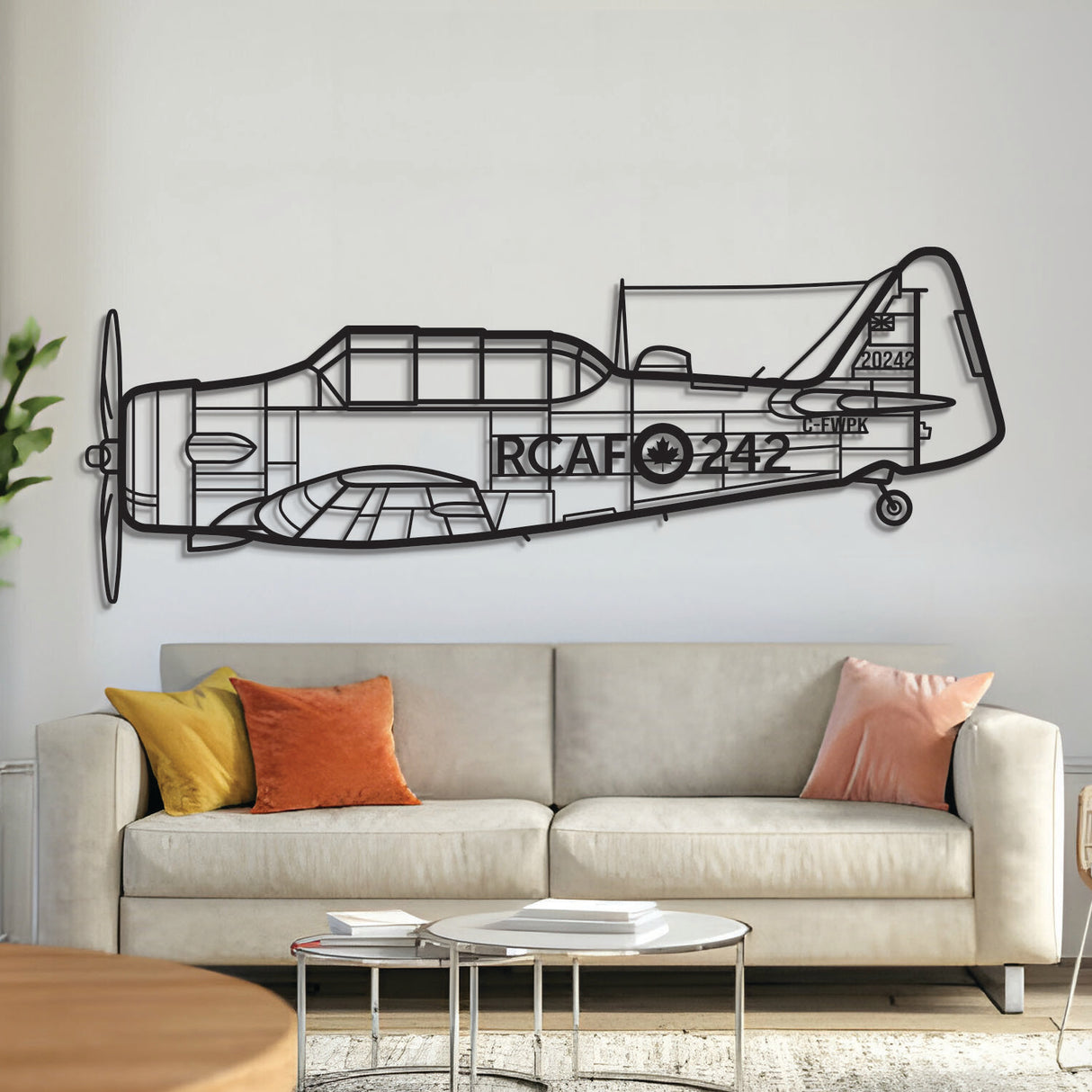 North American Harvard trainer aircraft silhouette metal wall art, laser‑cut 2 mm textured steel with matte finish