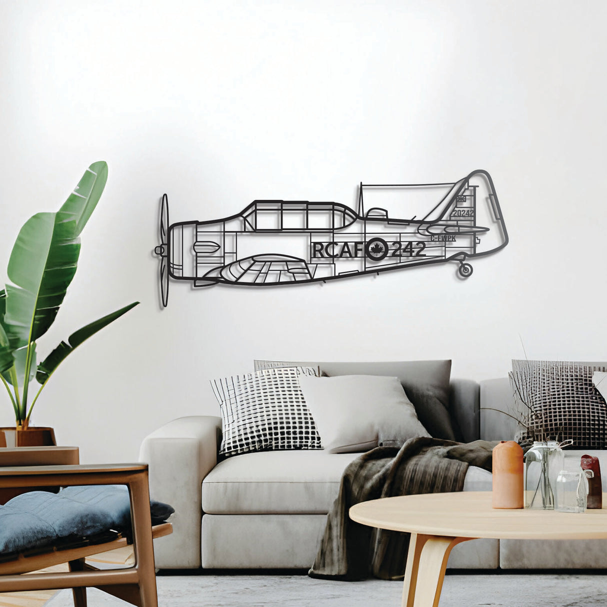 Harvard T‑6 Texan advanced trainer 3D metal décor, elevated 1 cm from wall, ready‑to‑hang aviation art