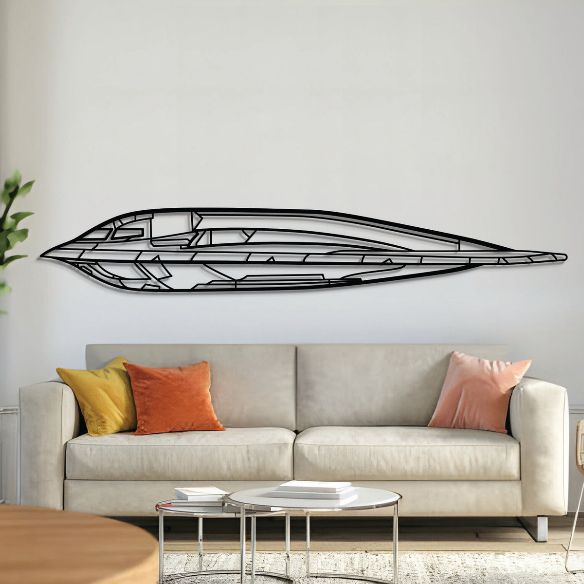 B-2 Spirit stealth bomber silhouette — laser-cut black metal wall art with floating effect