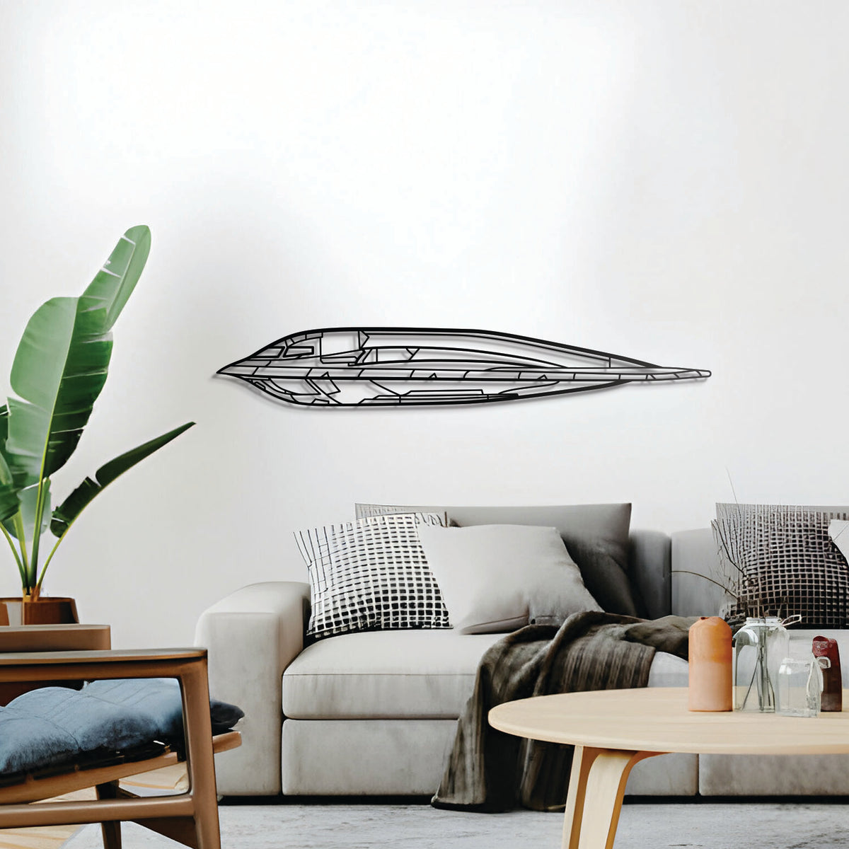 Minimalist B-2 stealth bomber metal art — subtly elevated for dimensional impact