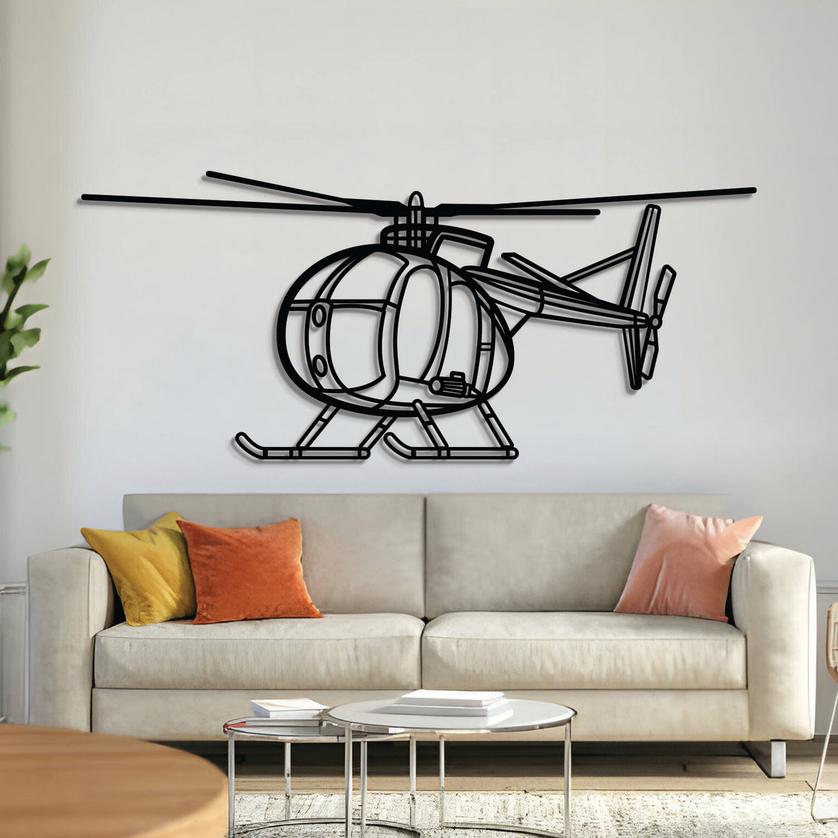 OH‑6 Cayuse angle-view metal aircraft wall art, laser‑cut 2 mm steel with matte textured finish and 3D elevation