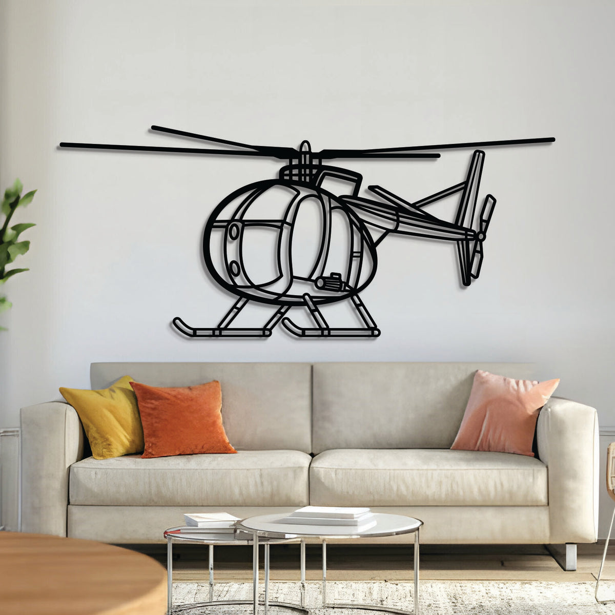 OH‑6 Cayuse angle-view metal aircraft wall art, laser‑cut 2 mm steel with matte textured finish and 3D elevation