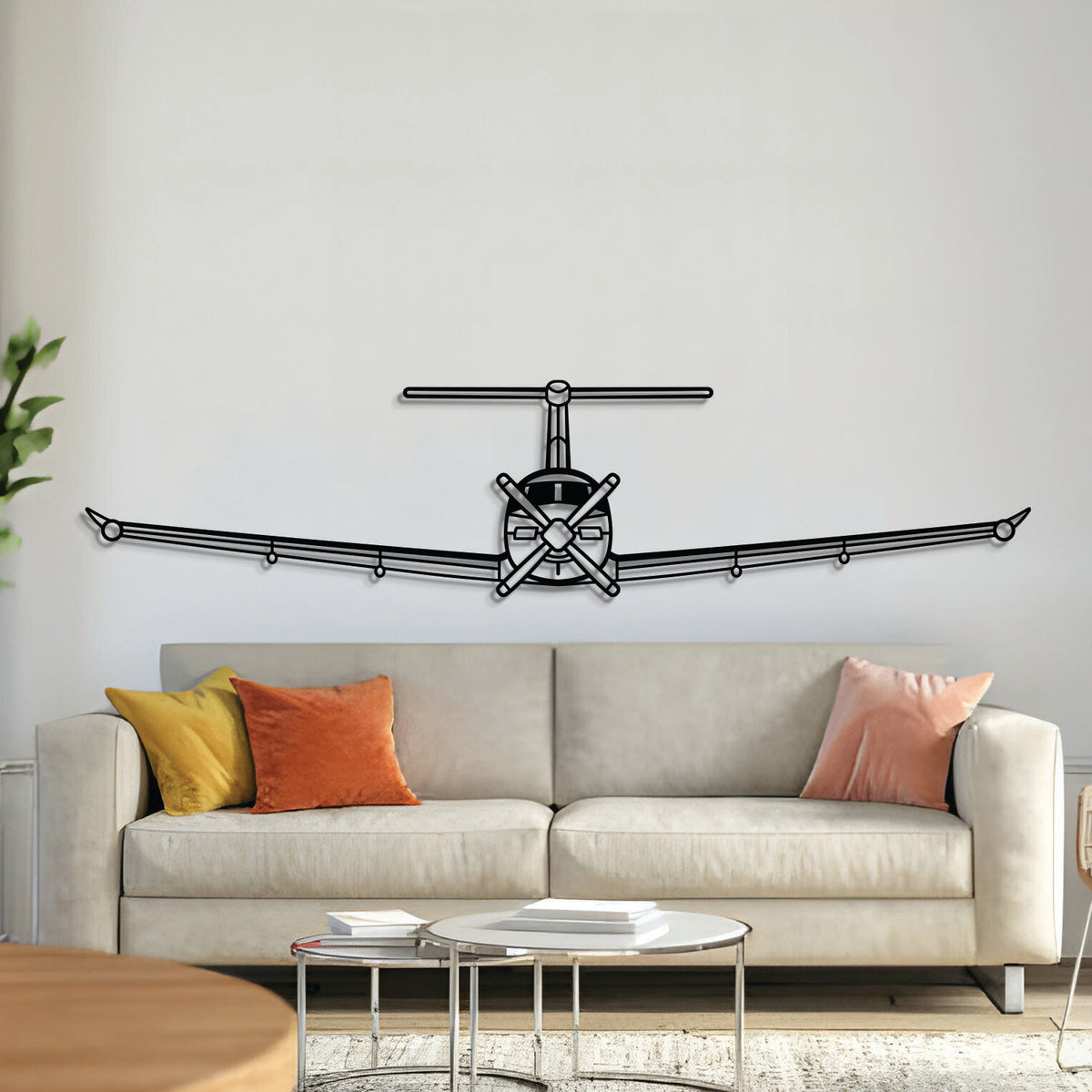PC-12 NG Front metal aircraft wall art in 2 mm laser-cut steel with matte powder-coated textured finish and 3D elevation screws