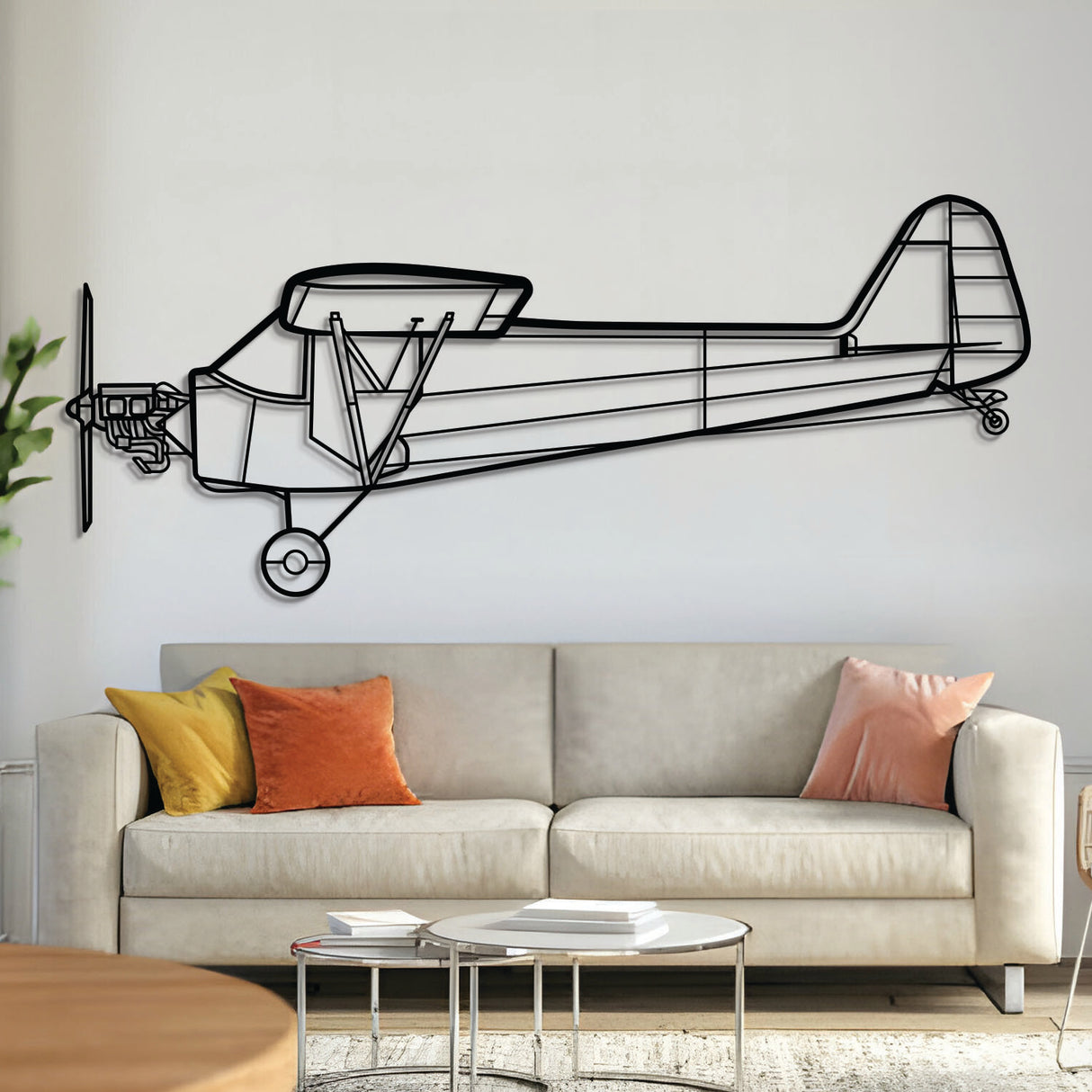 Piper J-3 Cub metal aircraft wall art in 2 mm laser-cut steel with matte powder-coated textured finish and 3D elevation screws