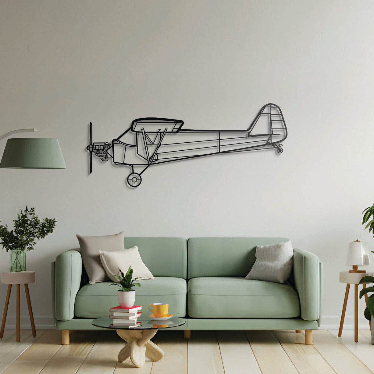 Premium Piper J-3 Cub metal wall art, no-assembly under 40″, sleek matte textured steel, ideal for hangar or home décor