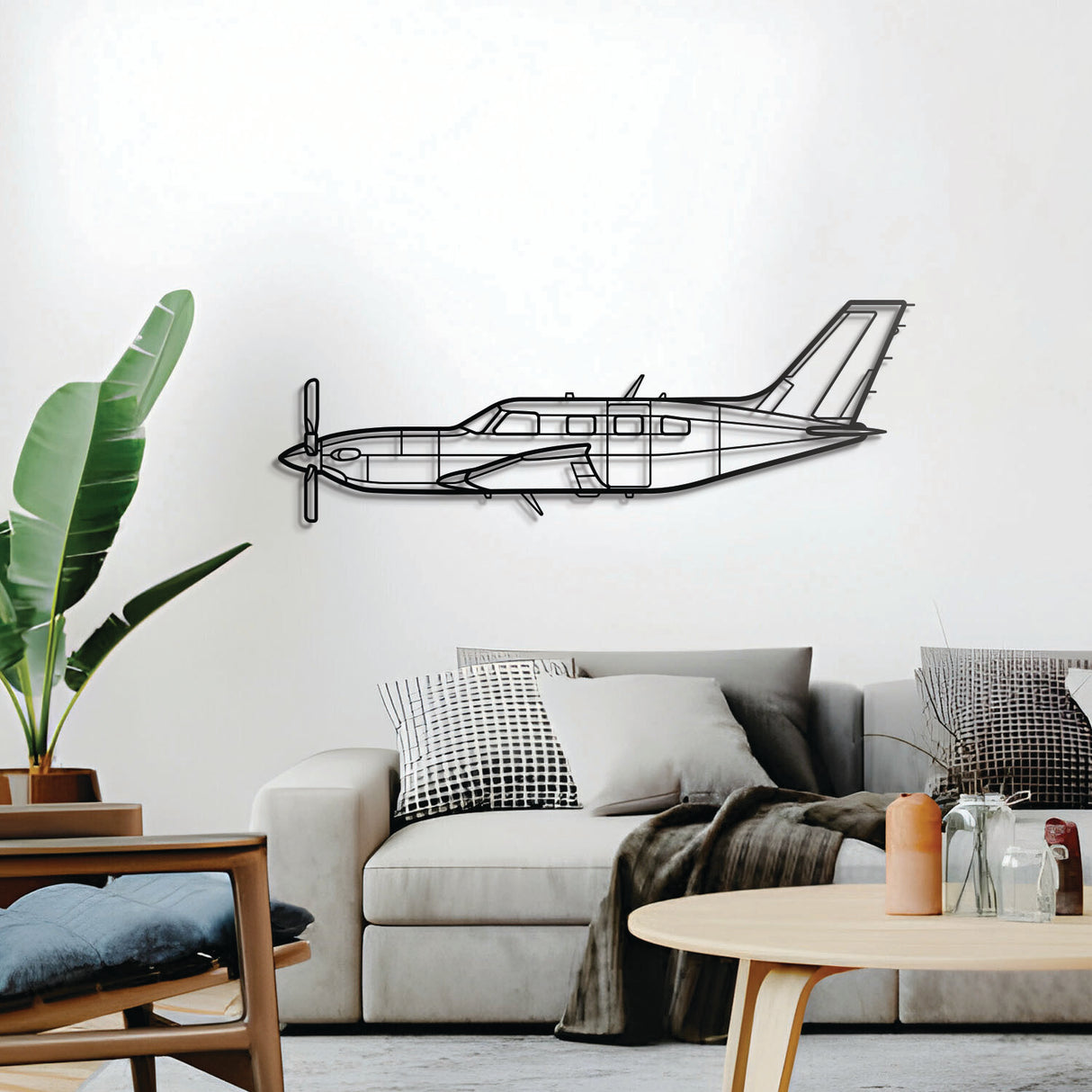 Metal Piper M600 SLS turboprop wall art – minimalist black aircraft silhouette with 1 cm wall lift and modern industrial appeal