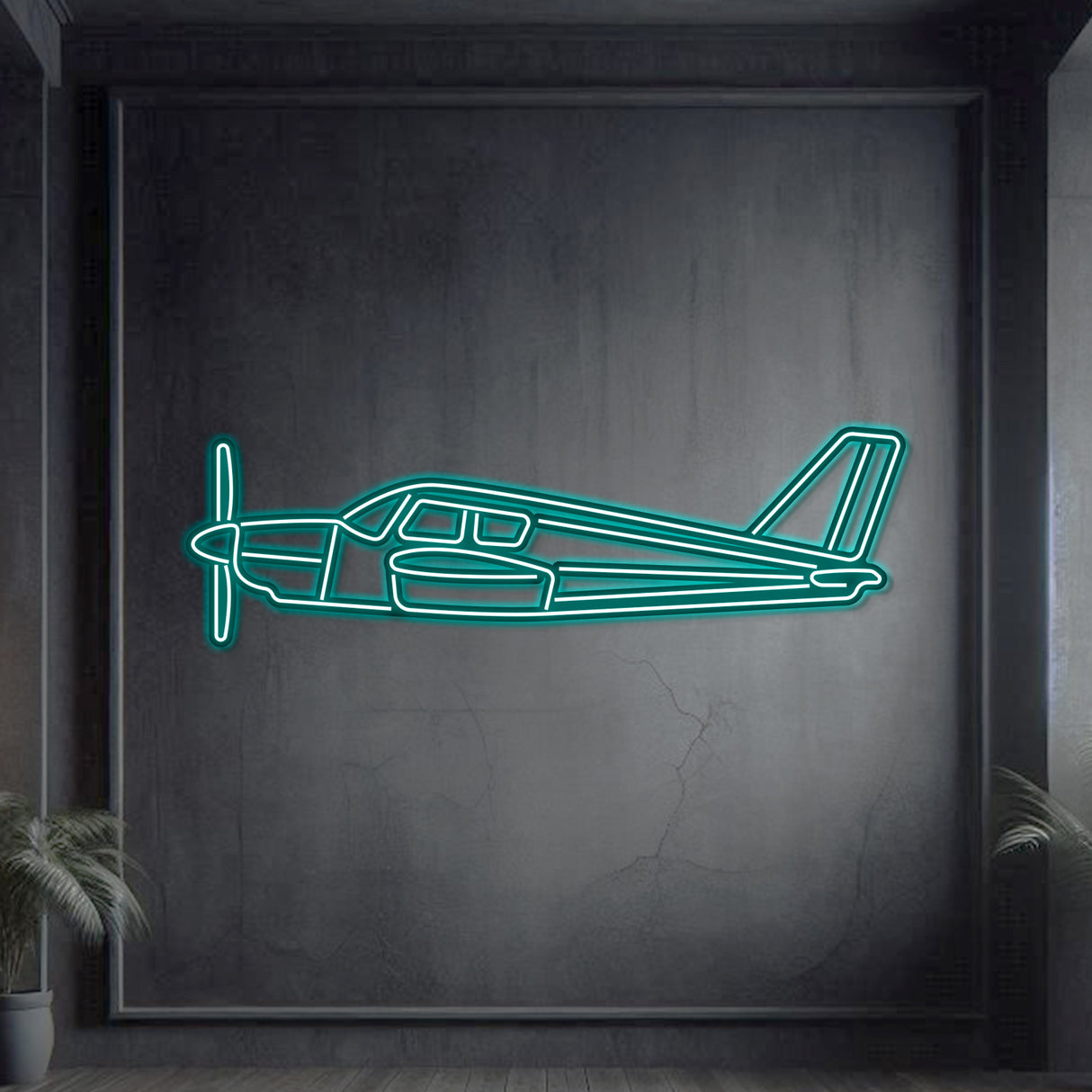 Neon-lit Piper Cherokee silhouette wall art, textured steel with floating neon frame for striking 3D depth