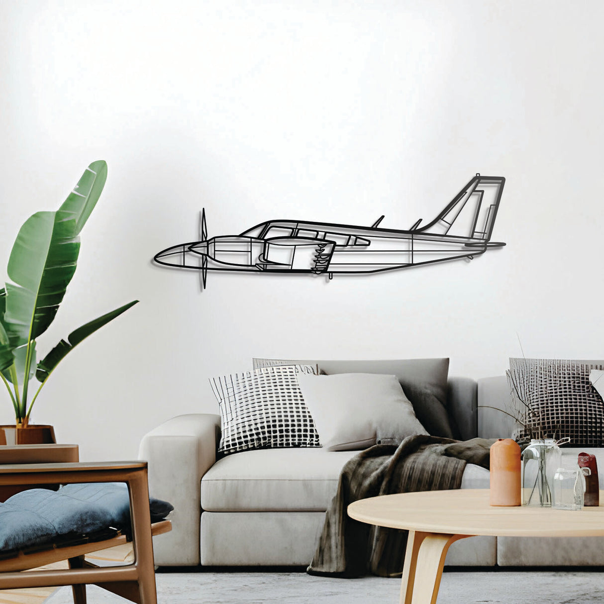 Seneca II multi-engine trainer aircraft silhouette, raised 1 cm from wall, ready-to-hang décor