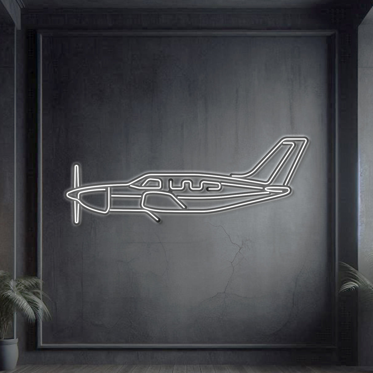 Piper PA-46‑350P Malibu Mirage neon silhouette wall art, laser‑cut steel with glowing neon outline and striking 3D elevation