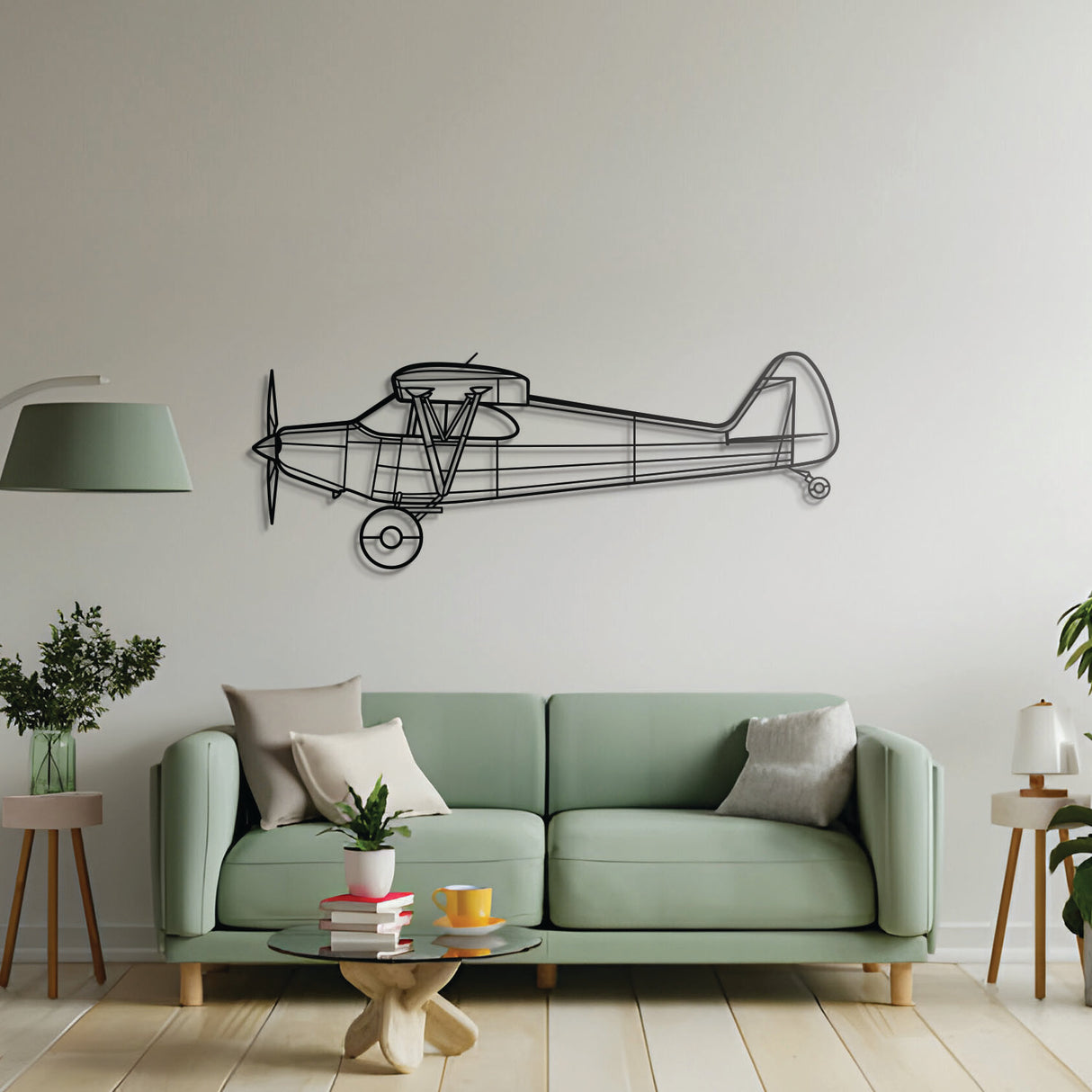 Historic Piper PA‑12 Super Cruiser silhouette – matte powder‑coat finish blends with modern interiors; famed for round‑the‑world flights in 1947 and rugged utility