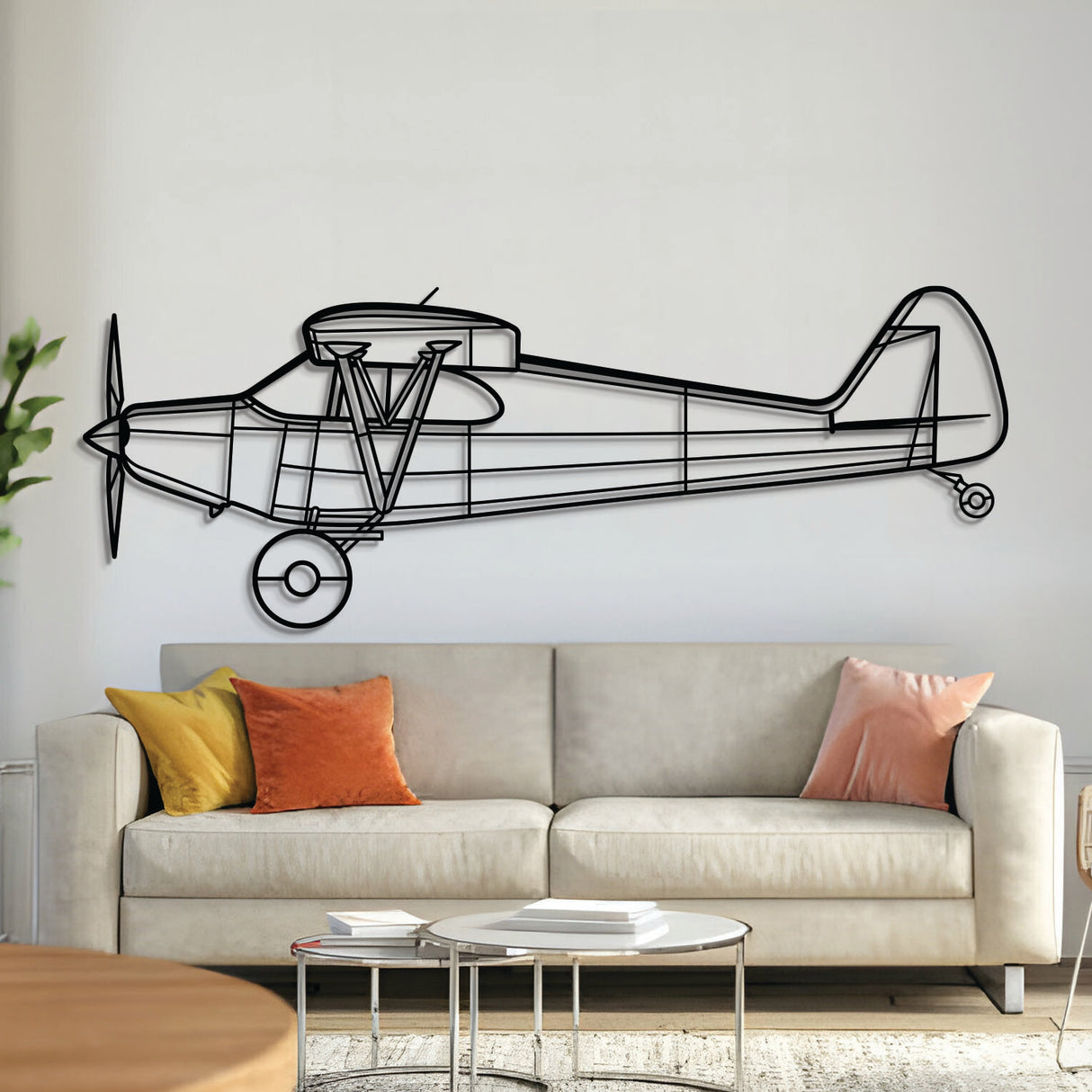 Piper PA‑12 Super Cruiser high‑wing taildragger silhouette – laser‑cut 2 mm steel, textured matte powder‑coat finish, pilot‑ready on wall