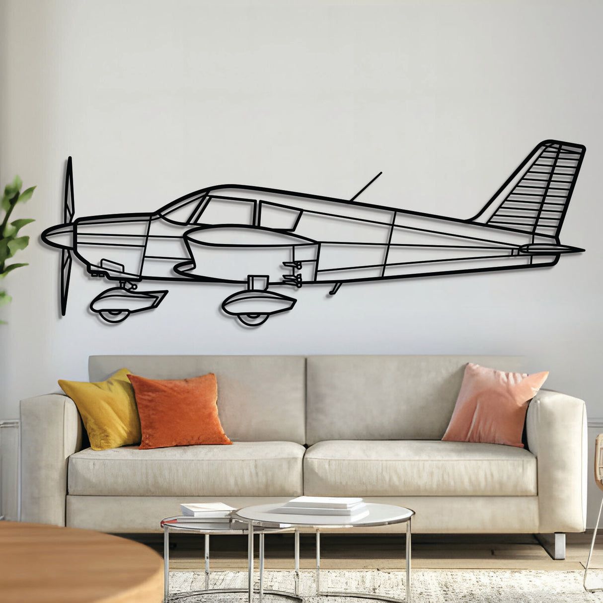 Piper Cherokee PA‑28‑140 light aircraft silhouette — laser‑cut matte‑black steel wall art with floating 3D effect