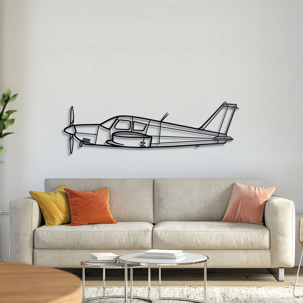 PA‑28 Cherokee metal airplane wall art – laser-cut 2 mm steel with matte finish and floating 3D shadow effect