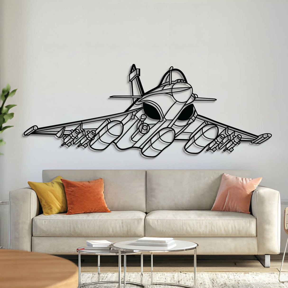 Rafale Angle metal aircraft wall art in 2 mm laser-cut steel with matte powder-coated textured finish and 3D elevation screws