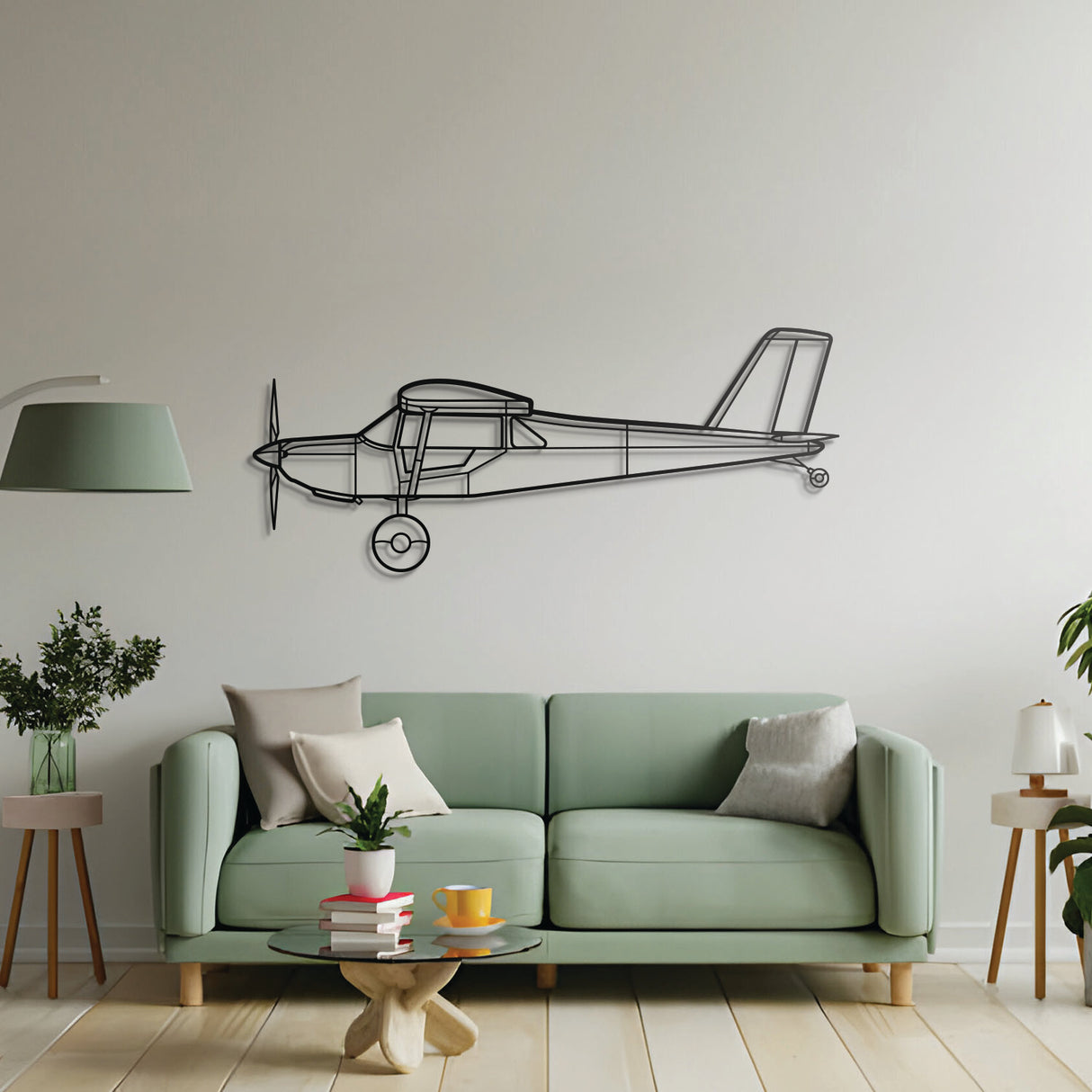 S‑21 Outbound metal wall decor – precision laser‑cut high‑wing plane profile floats slightly off wall for dimensional appeal