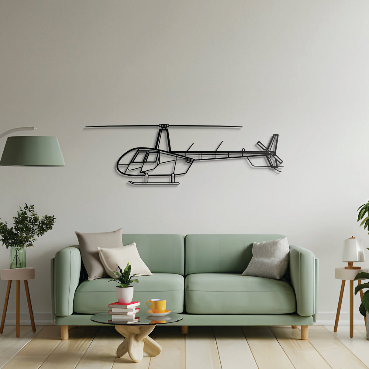 R44 Raven II rotorcraft silhouette wall art – clean steel décor for aviation enthusiasts and pilot-themed spaces