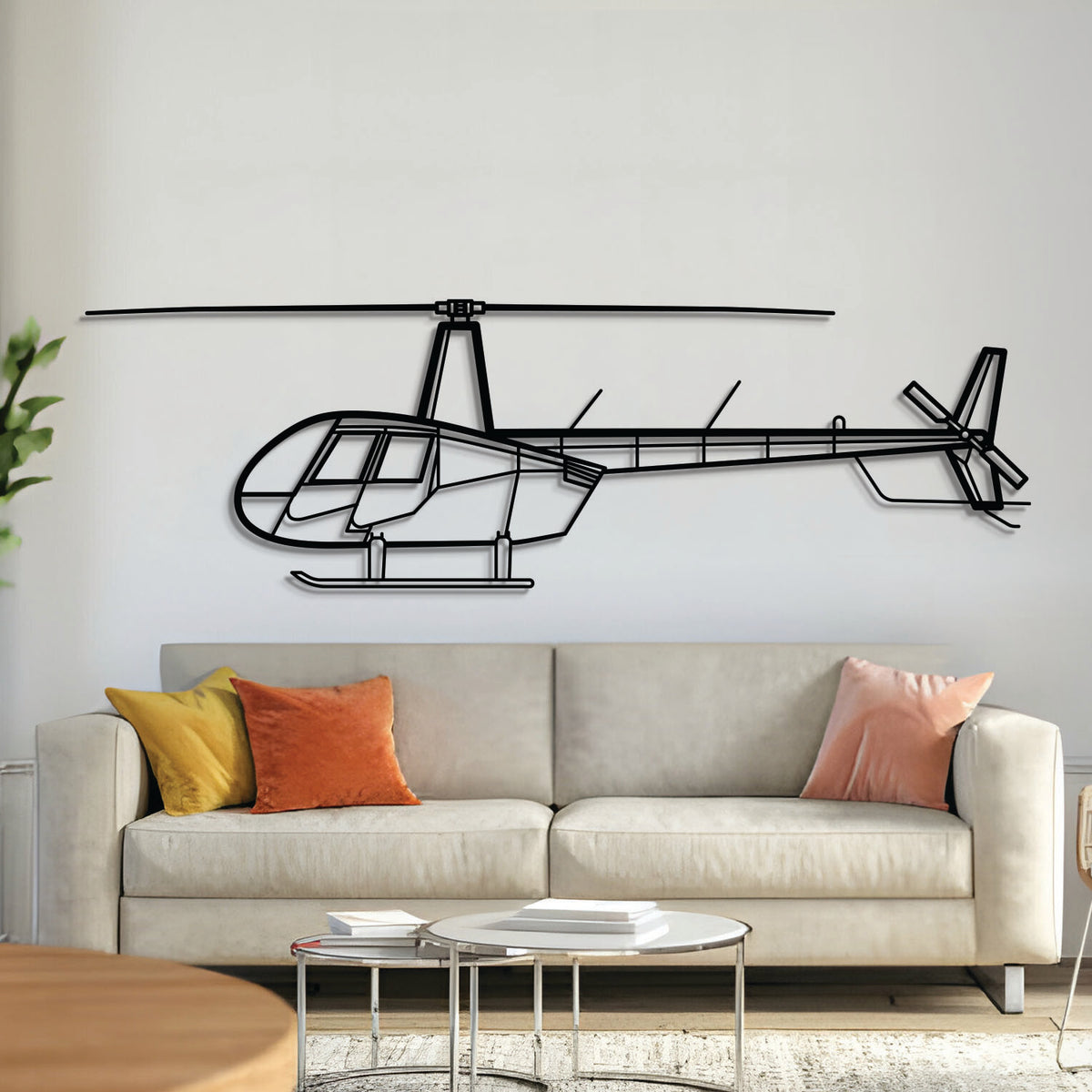 Robinson R44 Raven II helicopter metal wall art – laser-cut matte black steel silhouette with floating 3D effect
