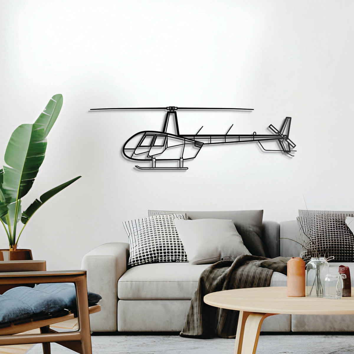 R44 Raven II light helicopter silhouette décor – sleek rotorcraft design in textured powder-coated steel