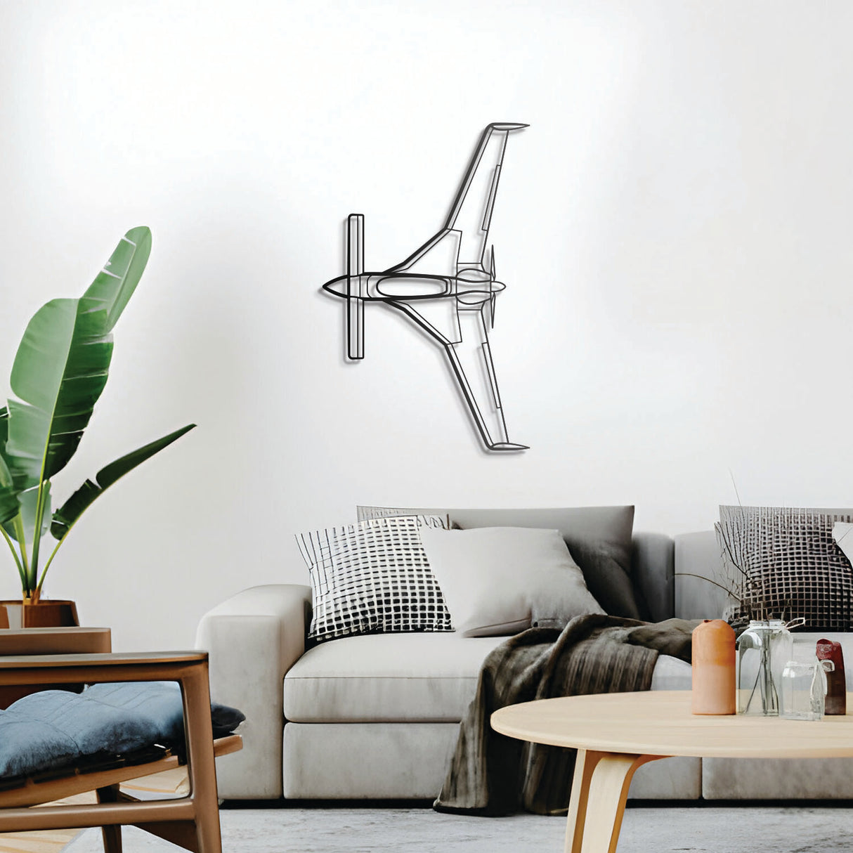 Long‑EZ wall décor – elevated slightly off the wall using spacers for a striking 3D shadow effect of its slender fuselage, swept wings, and pusher configuration