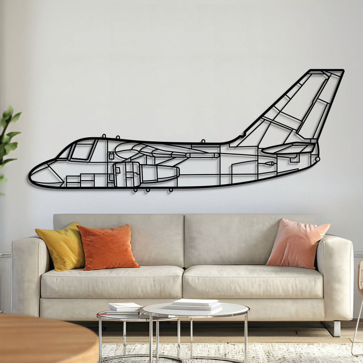 S‑3 Viking metal aircraft wall art in 2 mm laser‑cut steel with matte powder‑coated textured finish and 3D elevation screws lifting it 1 cm off the wall