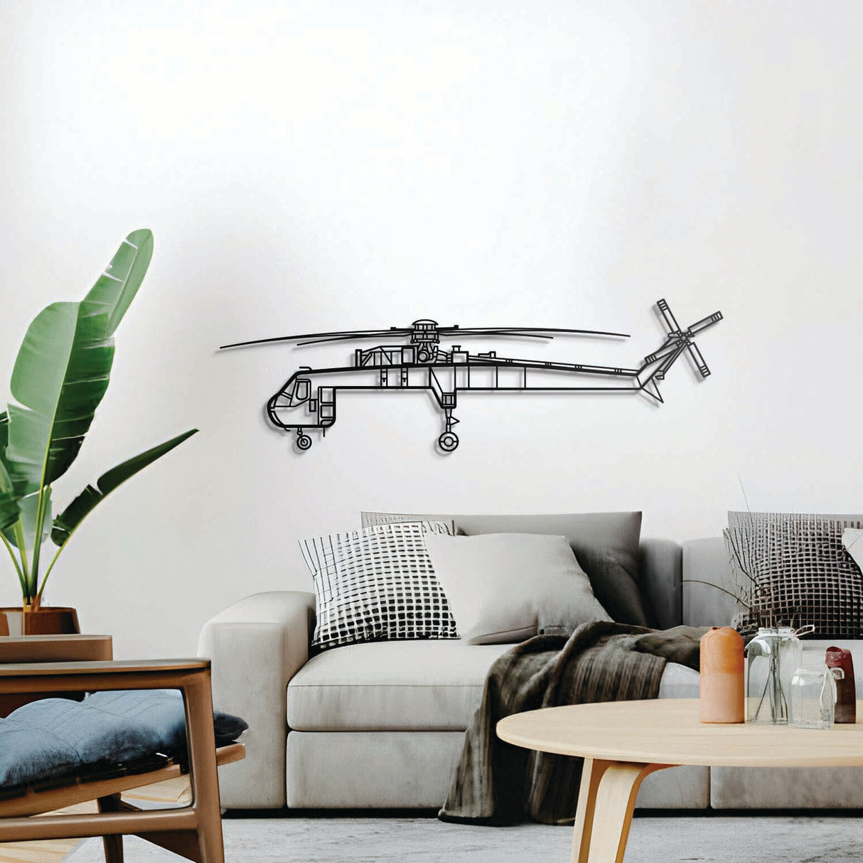 S‑64 Skycrane metal wall décor, textured matte steel elevated 1 cm for sleek floating aviation design