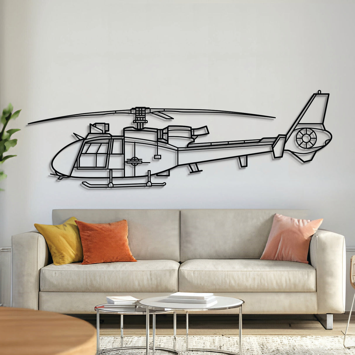 SA342M1 Gazelle metal aircraft wall art in 2 mm laser‑cut steel with matte powder‑coated textured finish and 1 cm elevation screws for an elegant 3D effect