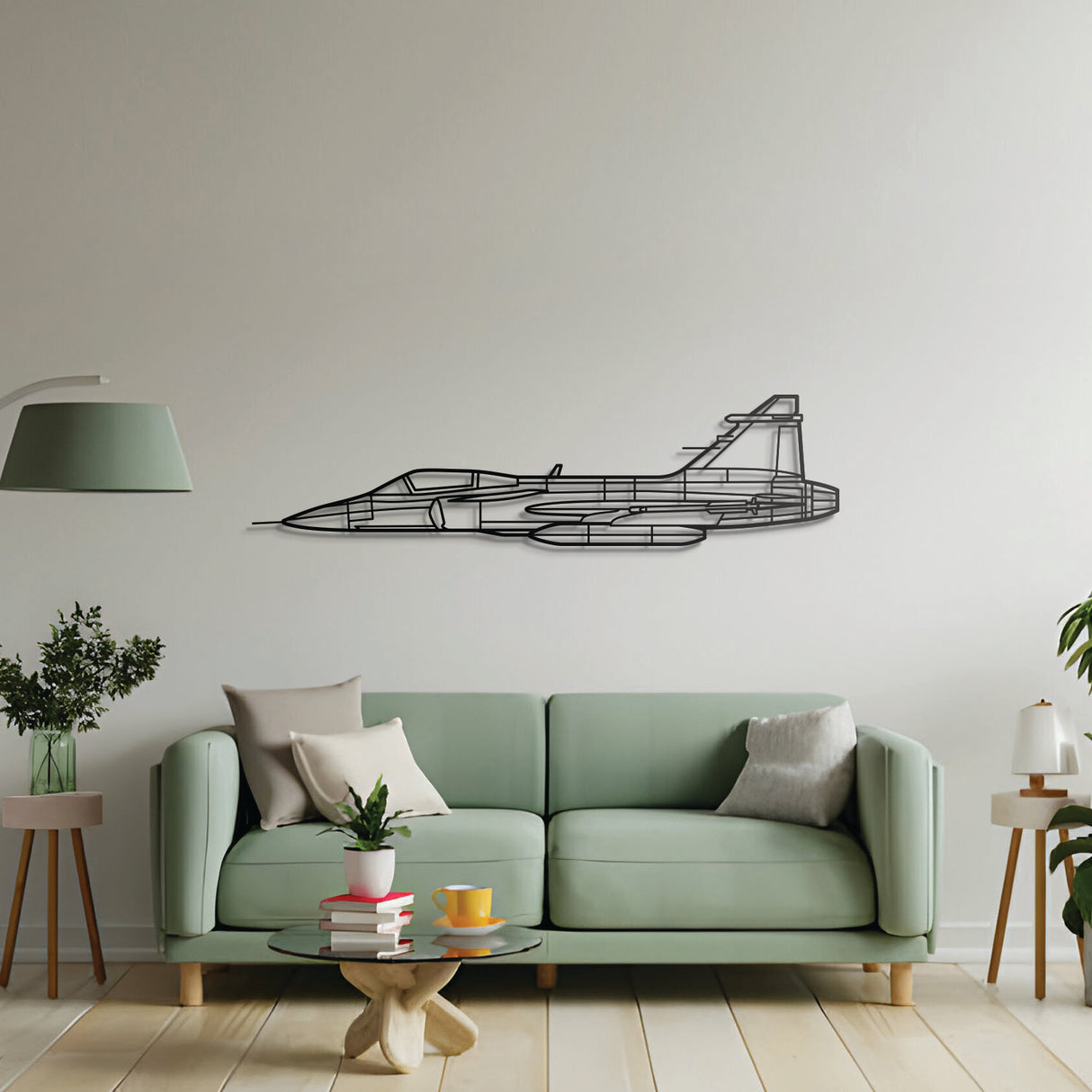 JAS 39 Gripen jet wall décor – black steel silhouette with floating shadow design, ideal for avgeeks