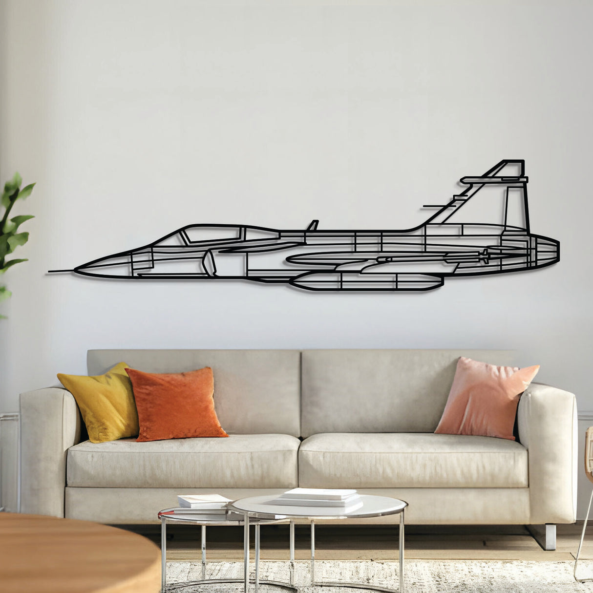 JAS 39 Gripen metal airplane wall art – laser-cut steel silhouette with matte textured finish and 3D floating effect