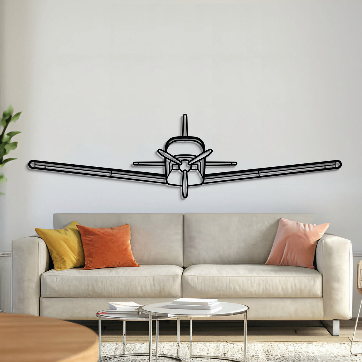 Sierra front metal aircraft wall art in 2 mm laser-cut steel with matte powder-coated textured finish and 3D elevation screws