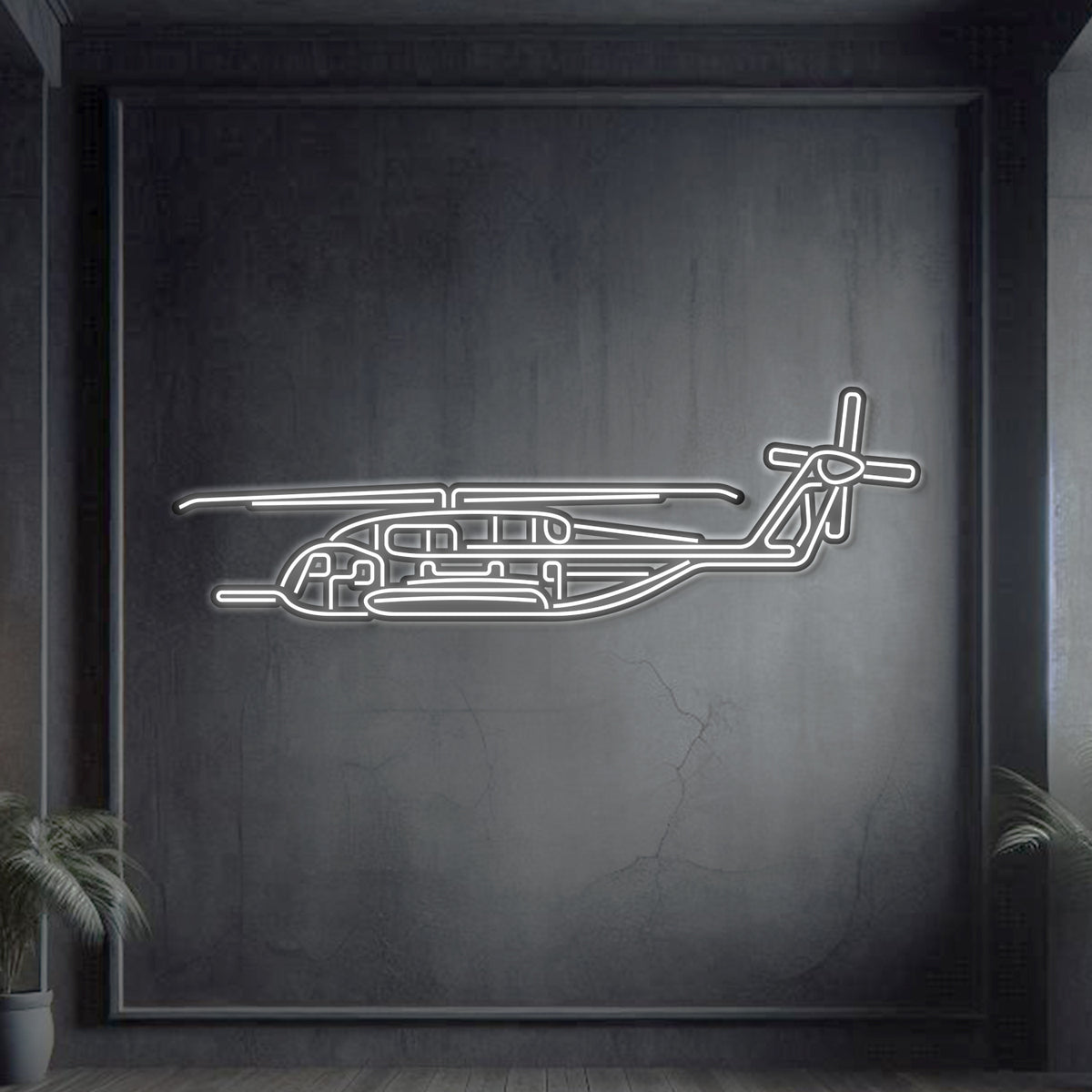 CH‑53E Super Stallion twin‑rotor heavy‑lift helicopter neon silhouette wall art, laser‑cut steel with bold rotors and sculptural 3D elevation
