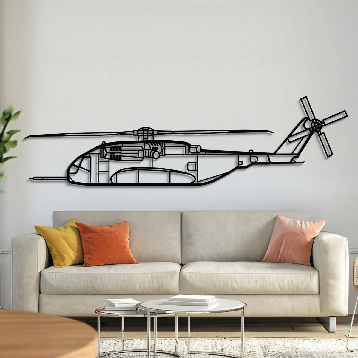 Sikorsky CH‑53K King Stallion heavy‑lift helicopter silhouette — laser‑cut matte black steel wall art, elevated 1 cm from wall for 3D floating effect