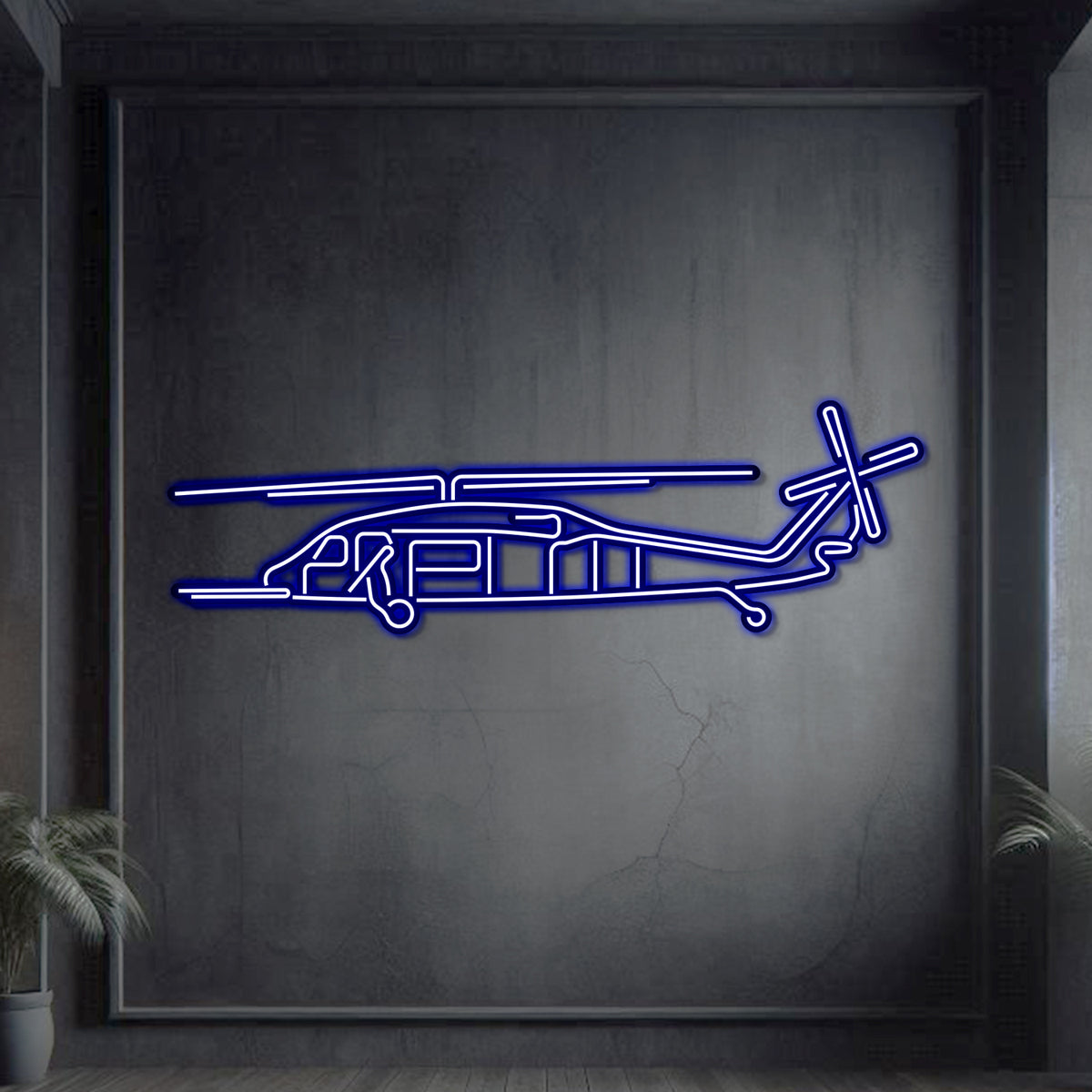 Neon‑lit HH‑60 silhouette wall art, textured steel with floating neon frame for compelling 3D depth and shadow play