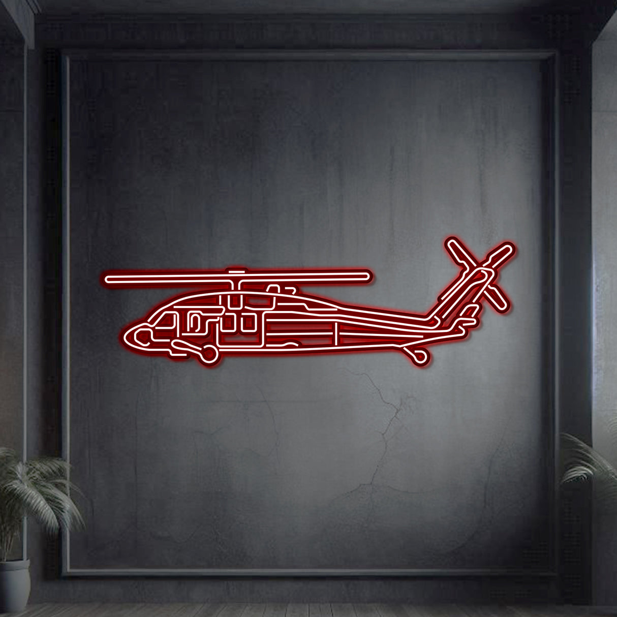 Neon-lit UH‑60 silhouette wall art, textured matte steel with floating neon frame for impactful 3D depth