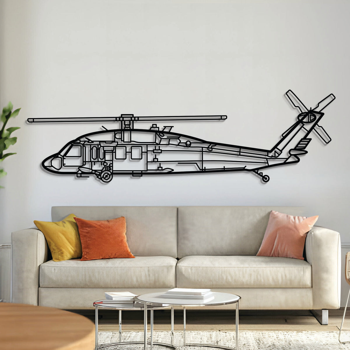 UH-60 Black Hawk military helicopter metal wall art – sleek matte black silhouette in side profile