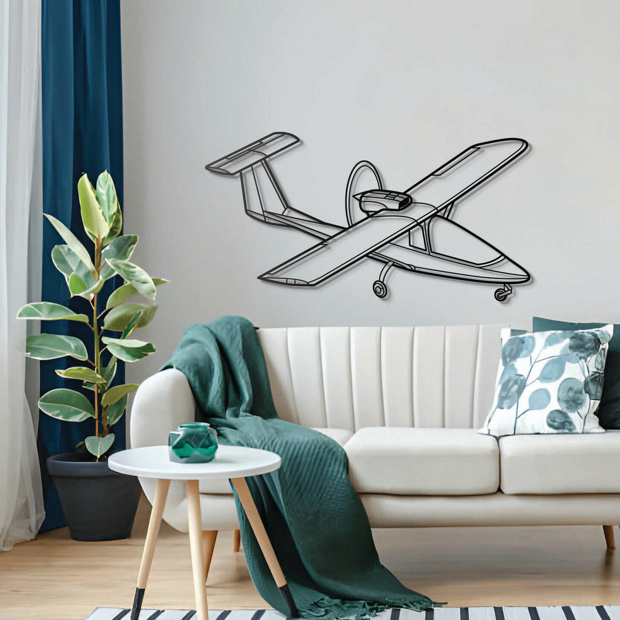 Modern 500-TF metal wall art, laser-cut matte steel blending aviation design with contemporary décor