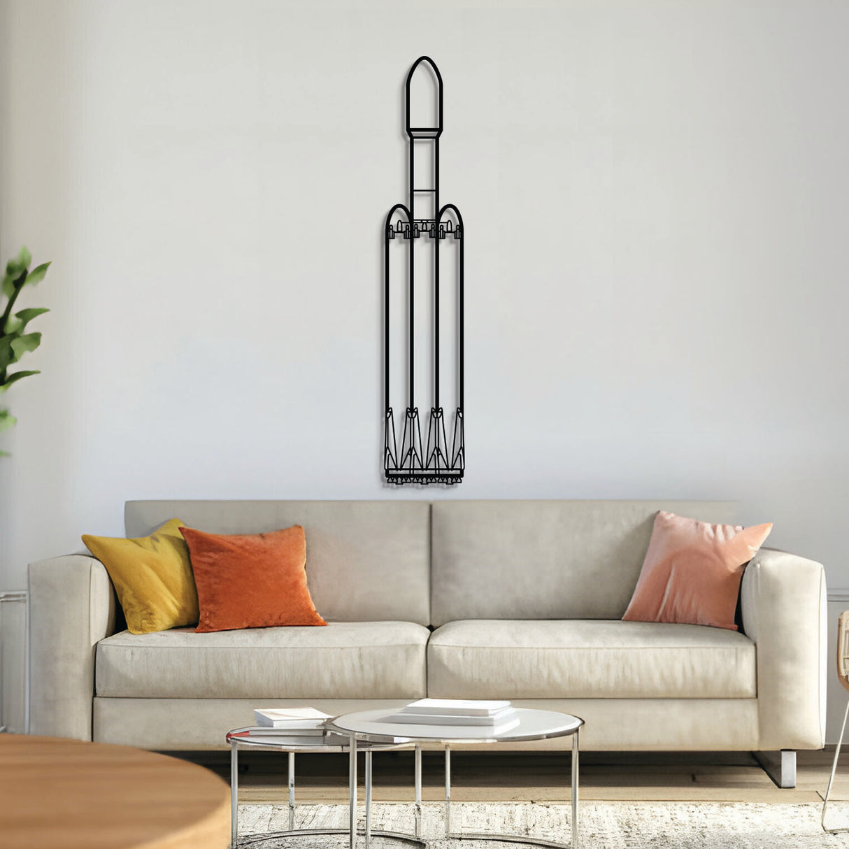 Falcon Heavy heavy-lift rocket silhouette wall art, laser‑cut 2 mm textured steel with matte finish