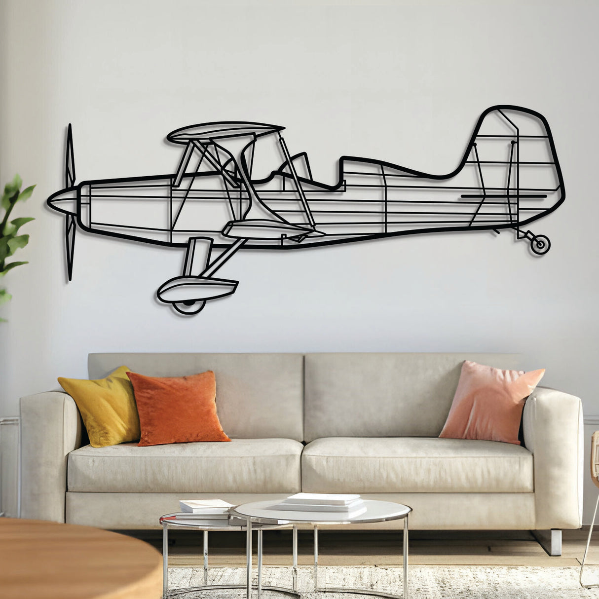 Stolp Starduster Too biplane metal wall art – laser-cut matte black steel silhouette of homebuilt sport aircraft