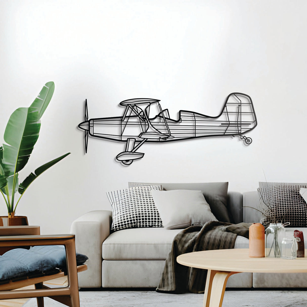 Starduster Too vintage biplane wall décor – minimalist tandem-seat aircraft silhouette crafted from powder-coated steel