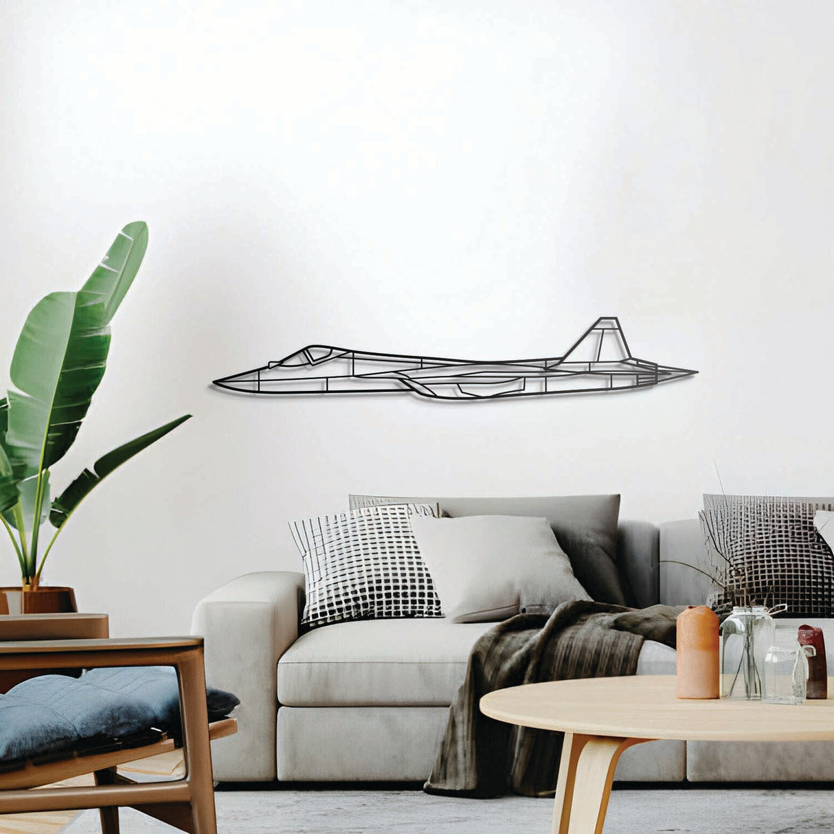 SU‑57 metal wall décor, textured matte steel elevated 1 cm for sleek floating aviation design