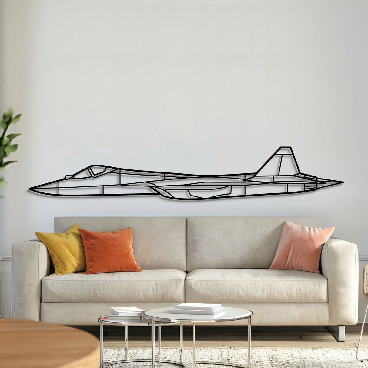 SU‑57 metal aircraft wall art, laser‑cut 2 mm steel with matte powder coat and floating 3D effect