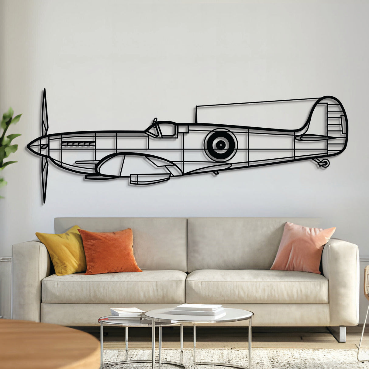 Spitfire MK IX World War II fighter silhouette wall art, laser‑cut 2 mm textured steel with matte finish