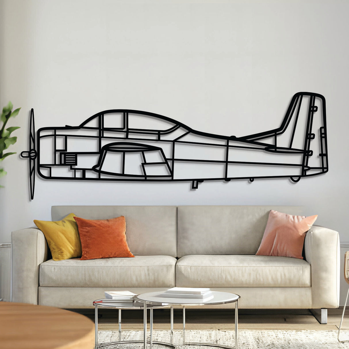 T‑28 Trojan front-view metal aircraft wall art, laser‑cut 2 mm steel with matte textured finish and 3D elevation