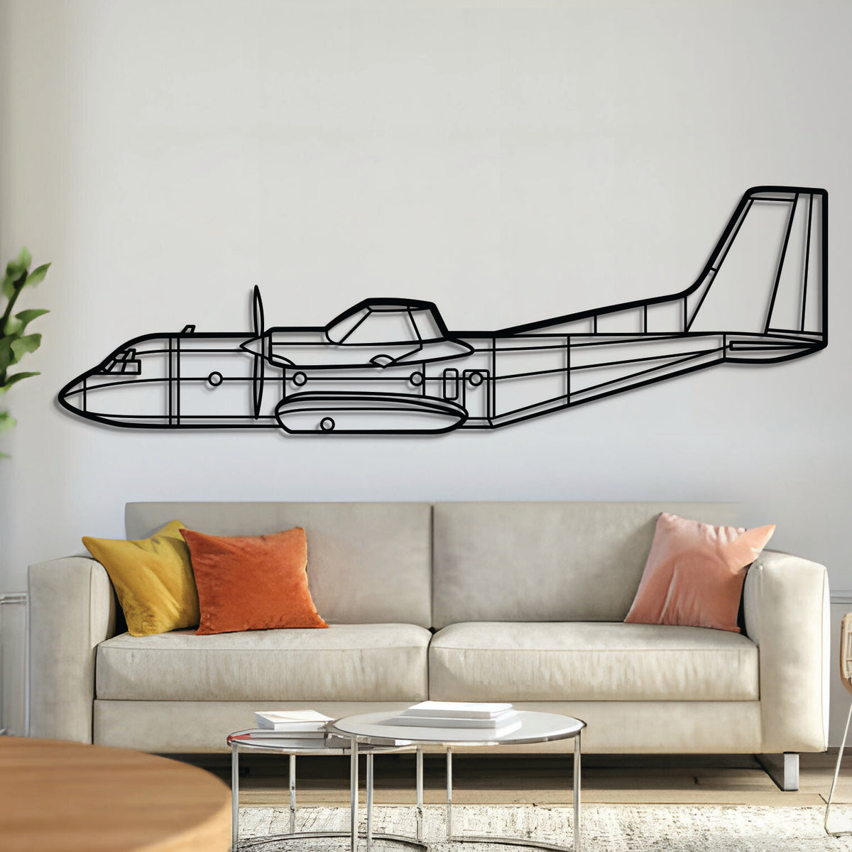 Transall C-160 military transport silhouette — laser-cut matte black metal wall art with floating 3D effect