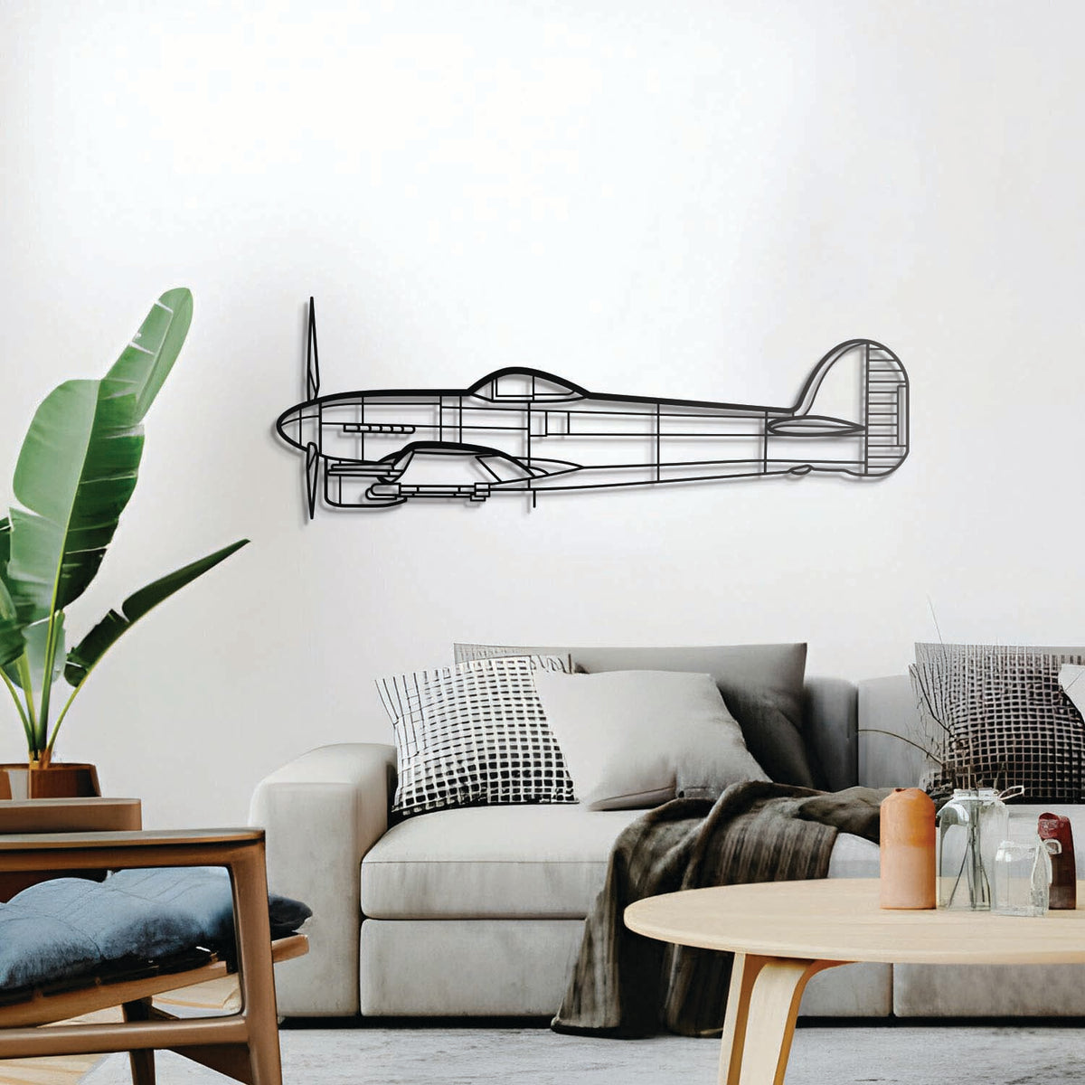 Typhoon wall décor, textured matte steel elevated 1 cm via spacers for sleek floating aviation design