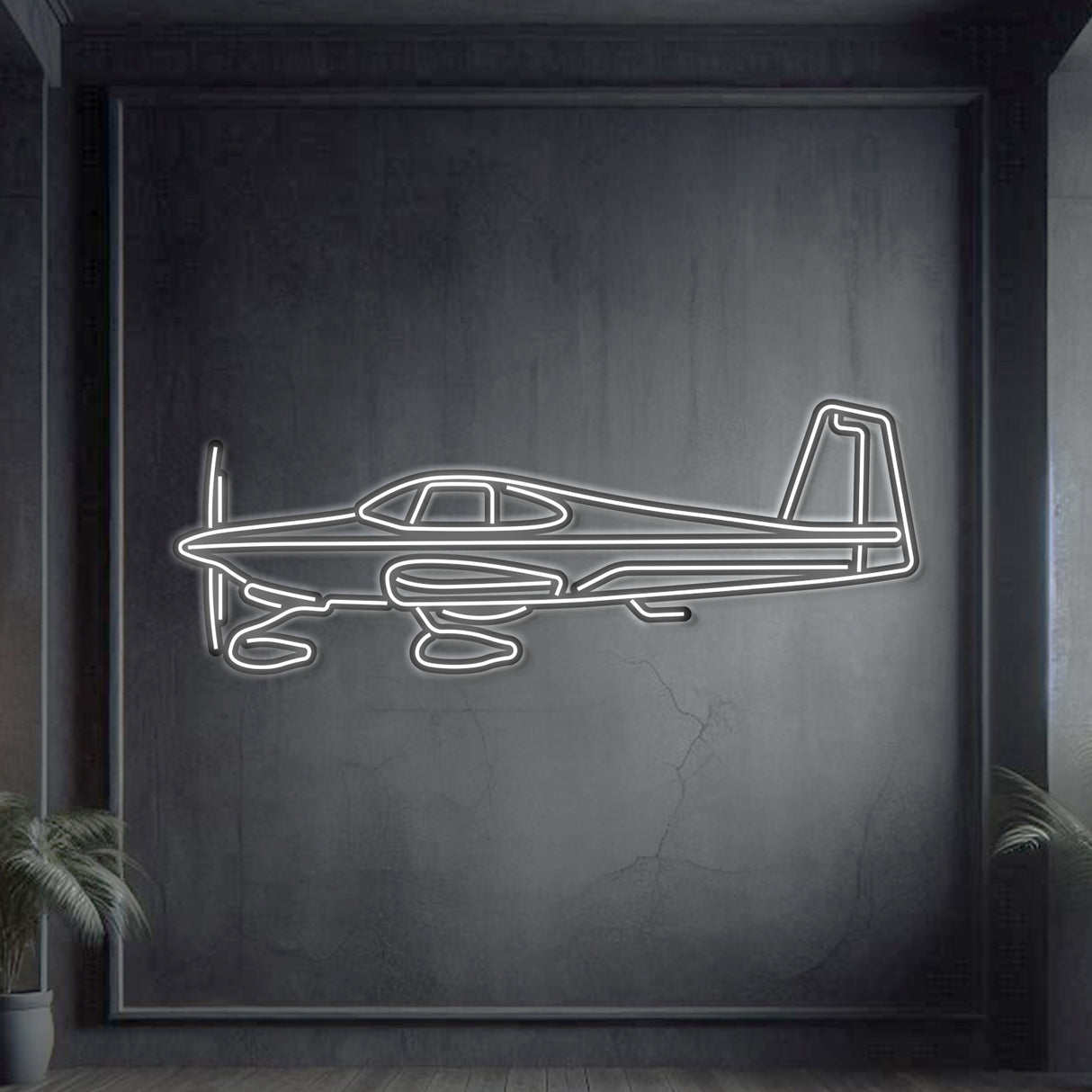 Van’s RV‑10 kitplane neon silhouette wall art, laser‑cut steel with glowing neon outline and bold 3D elevation