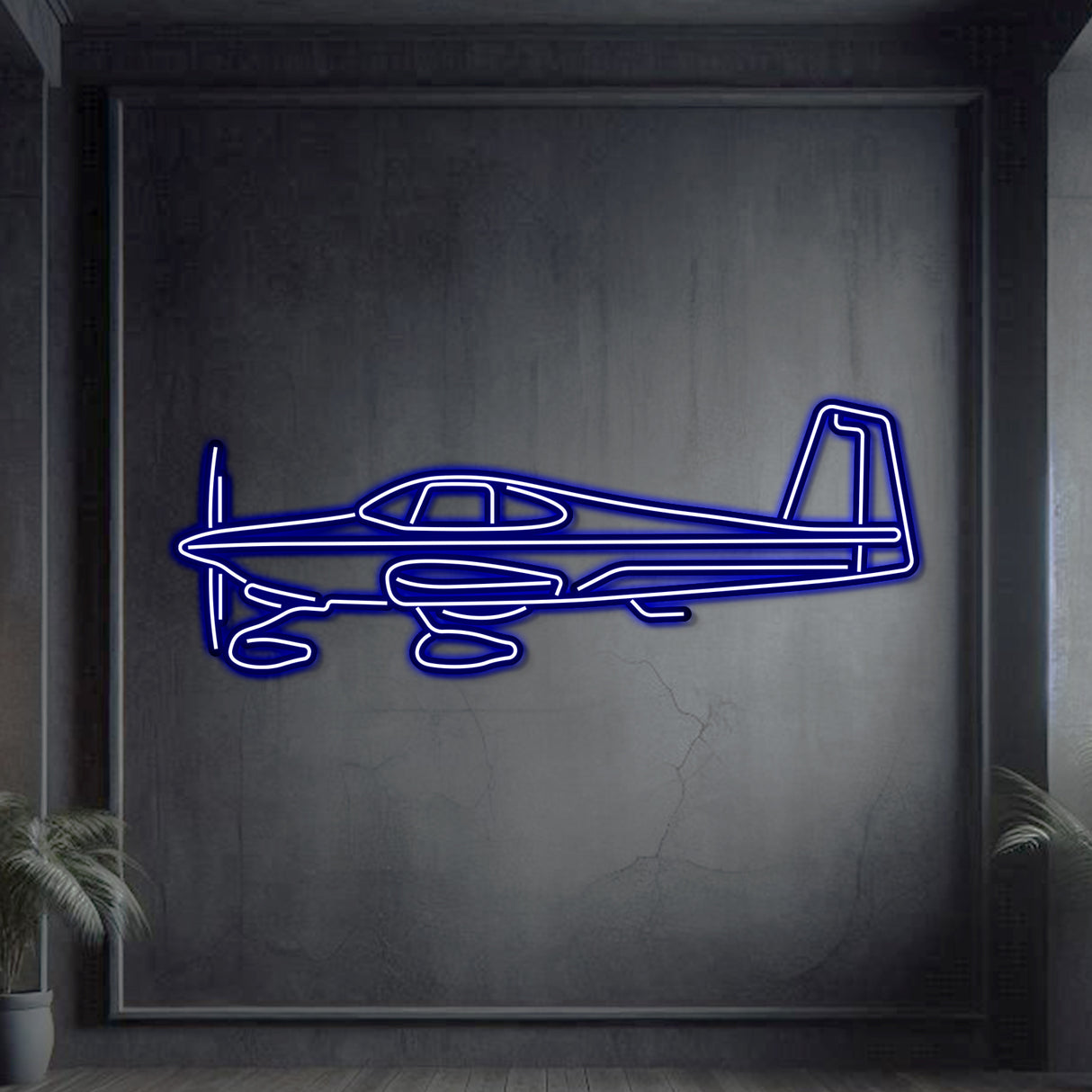 Neon-lit Van’s RV‑10 silhouette wall art, textured matte steel with floating neon frame for dramatic 3D depth
