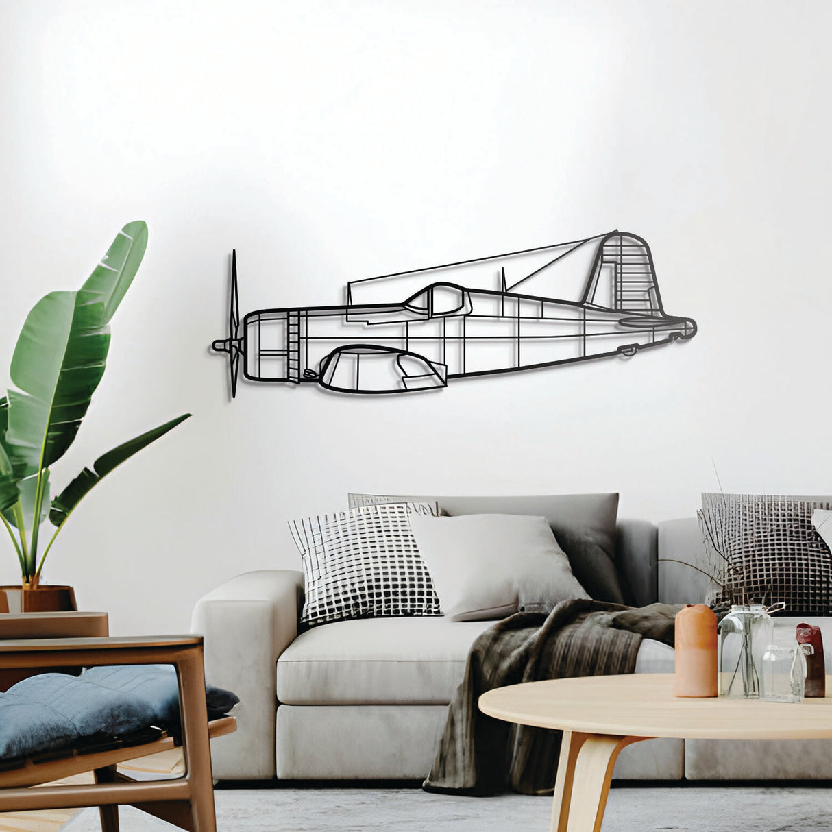 F4U‑1A wall décor – elevated 1 cm off the wall using spacers to create a striking 3D shadow effect of its distinctive inverted gull‑wing form