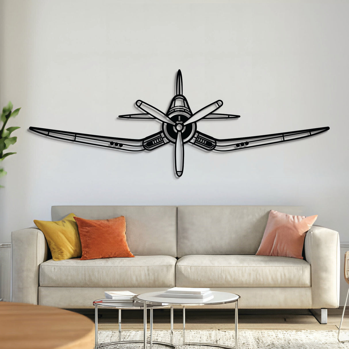 F4U Corsair front view metal aircraft wall art – laser-cut 2 mm steel with matte textured finish and floating 3D effect