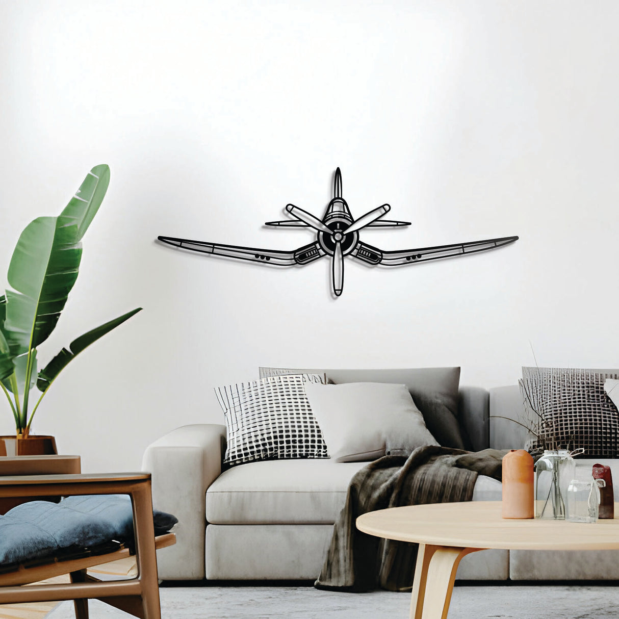 F4U Corsair WWII fighter front silhouette wall décor – sleek aviation design ideal for hangar, office, or living space